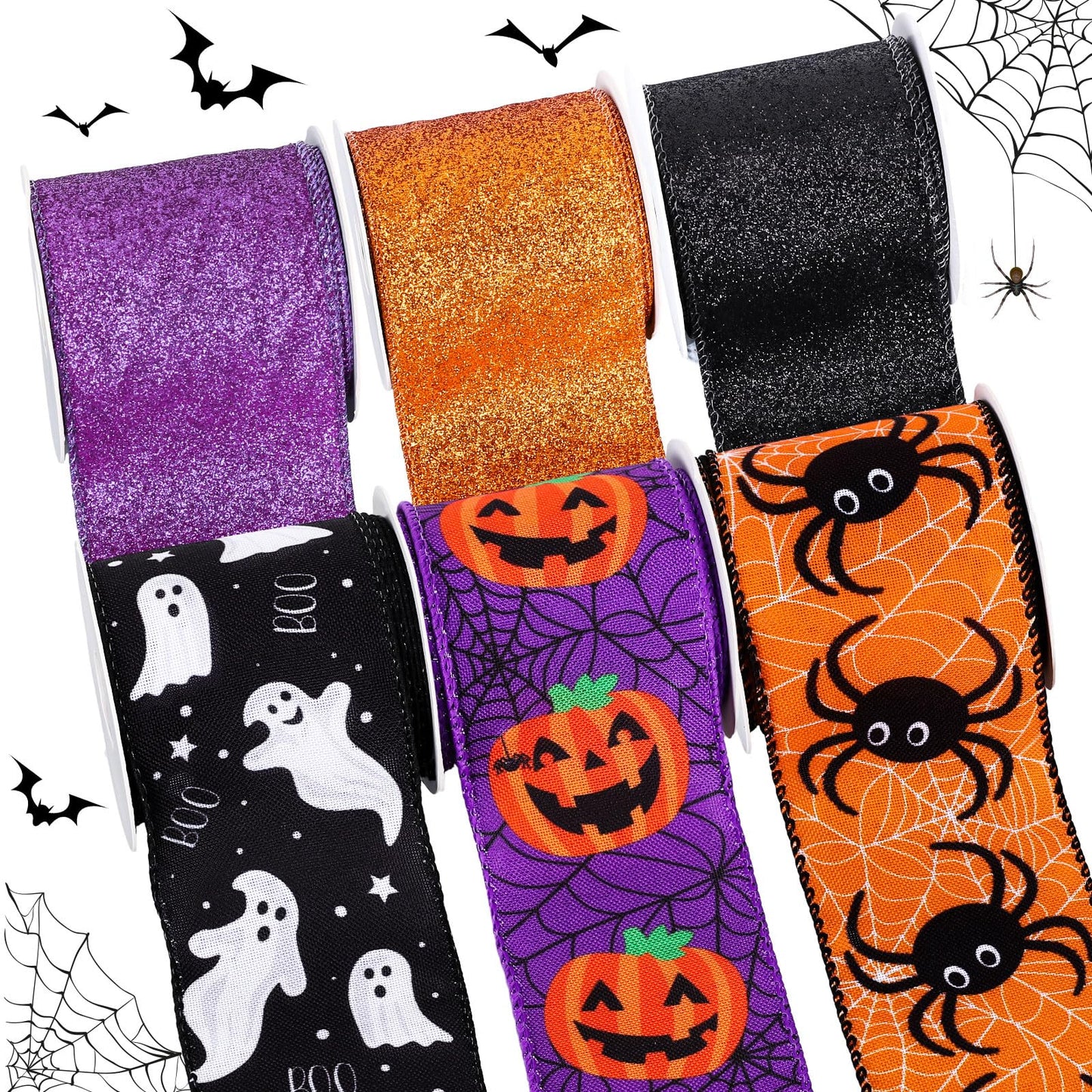 Whaline 6 Rolls Halloween Wired Edge Ribbon 2.5 Inch 30 Yards Glitter Purple Orange Black Ghost Boo Pumpkin Spider Printed Ribbon for Bow Wreath Craft Gift Wrap Party Decor