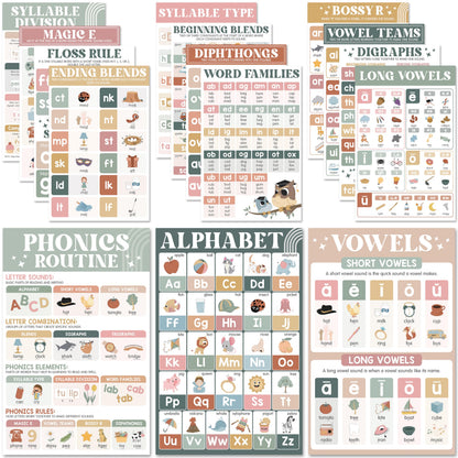 BEAWART 15 Pcs Boho Phonics Posters for Classroom (11"x17") ESL Classroom Decorations, Vowel Posters for School, Sound Wall Phonics Routine, Alphabet, Diphthongs, Word Families, Vowel Sounds
