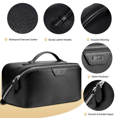 BOYATU Genuine Leather Travel Makeup Bag: Large Capacity 3 Pcs Set Cosmetic Bags for Women - Designer Waterproof Hand-made for Toiletry Organizer - Ladies Travel Essentials for Elegance (02Black)