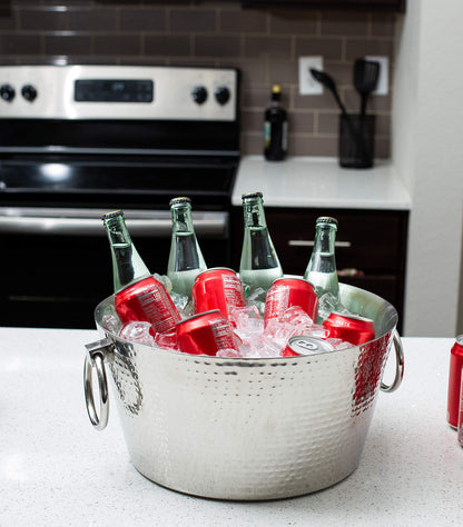 BIRDROCK HOME Hammered Stainless Steel Round Beverage Tub with Handles - Double Wall Insulated 3 Gallons - Metal Drink Cooler & Ice Bucket for Parties - Outdoor Aluminum Holder for Bottles & Soda