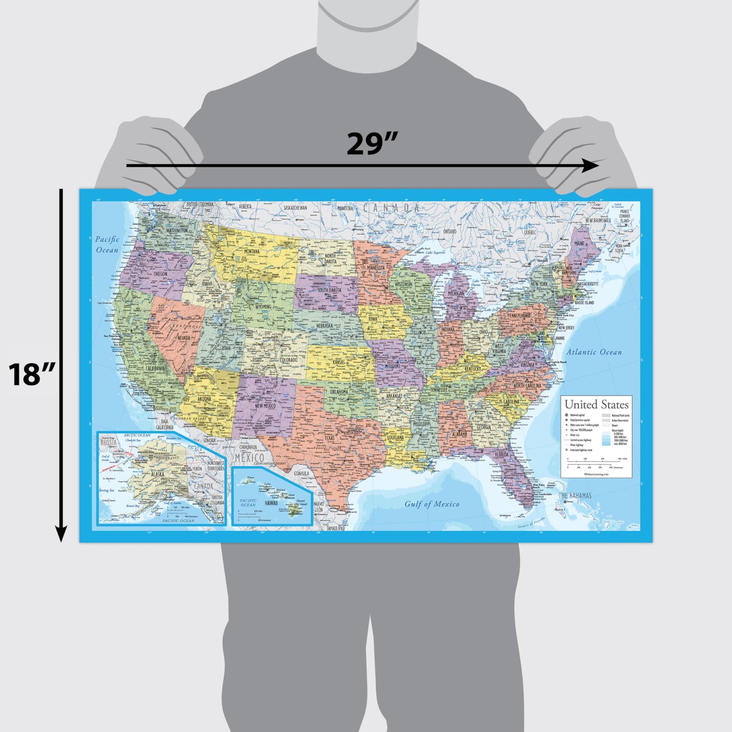 2 Pack - Laminated World Map & US Map Poster Set - Wall Chart Map of the World & United States - Made in the USA [Light Blue]