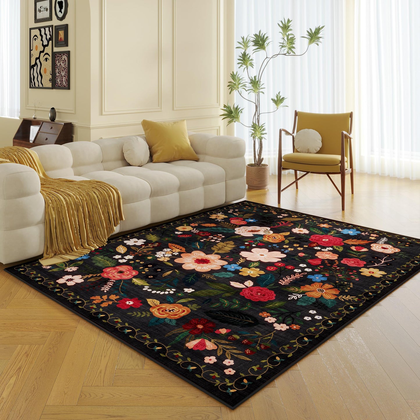 Rugcomf Living Room Rug 5x7 Rug Machine Washable Boho Area Rug Non Slip Floral Vintage Low Pile Large Rugs for Living Room, Bedroom, Farmhouse, Dining Room, Kids Playroom(Black)
