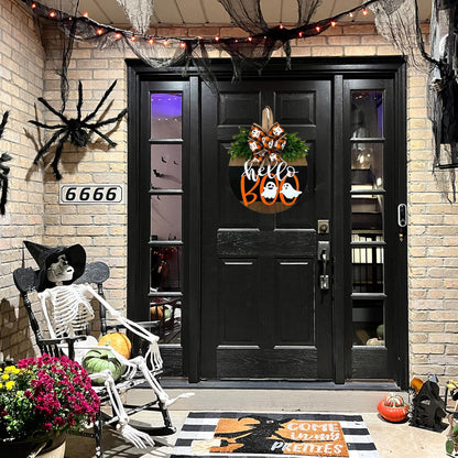 Halloween Ghost Wreath, Wooden Halloween Ghost Door Sign Wreath Decorations for Front Door Hanger