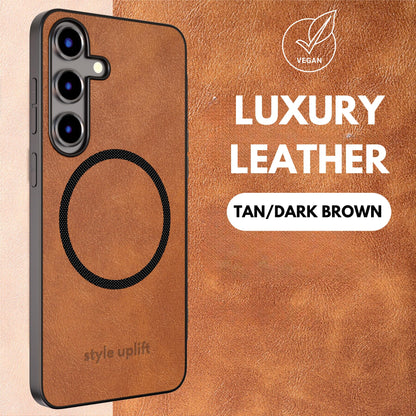 Style Uplift SU - Samsung S24 Magnetic Vegan Leather Case - SU.Shield Slim & Protective Design, Compatible with MagSafe, Wireless Charging - Tan Brown Case, Phone Case for Samsung S24 (6.2")