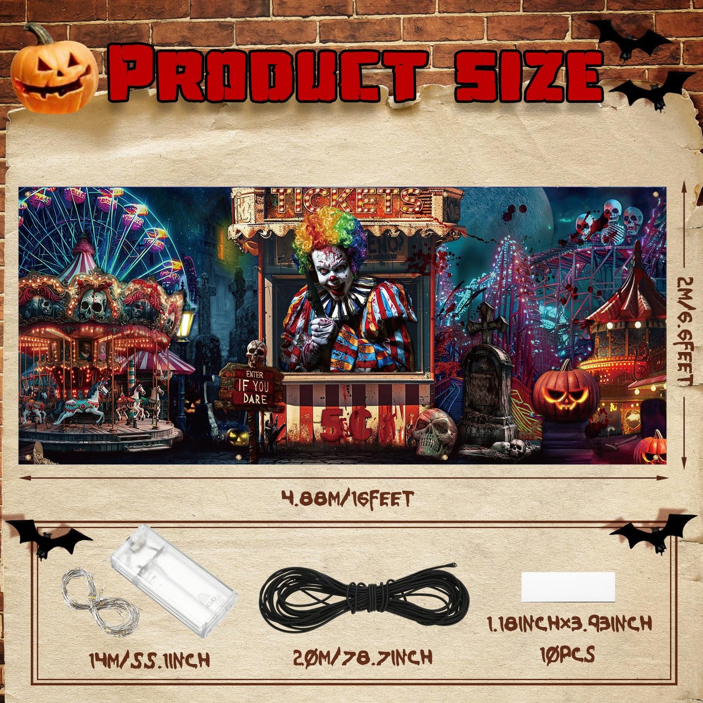Ganeen 7x16 ft Halloween Garage Door Banner Large Rustic Garage Banner Cover Halloween Backdrop with LED String Light Holiday Vinyl Cover Door Decoration(Evil Circus)