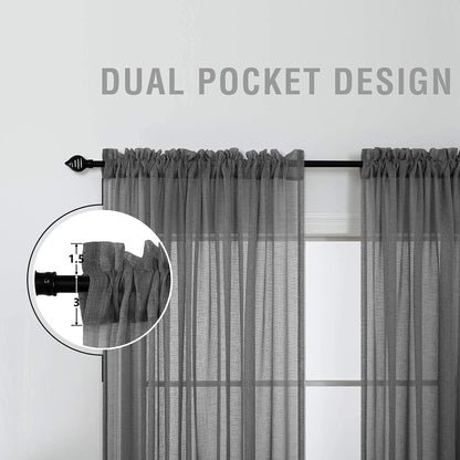 KOUFALL Dark Grey Curtains for Bedroom Living Room,Sheer Linen Look Gray Charcoal Curtains,96 Inches Long 2 Panel Set