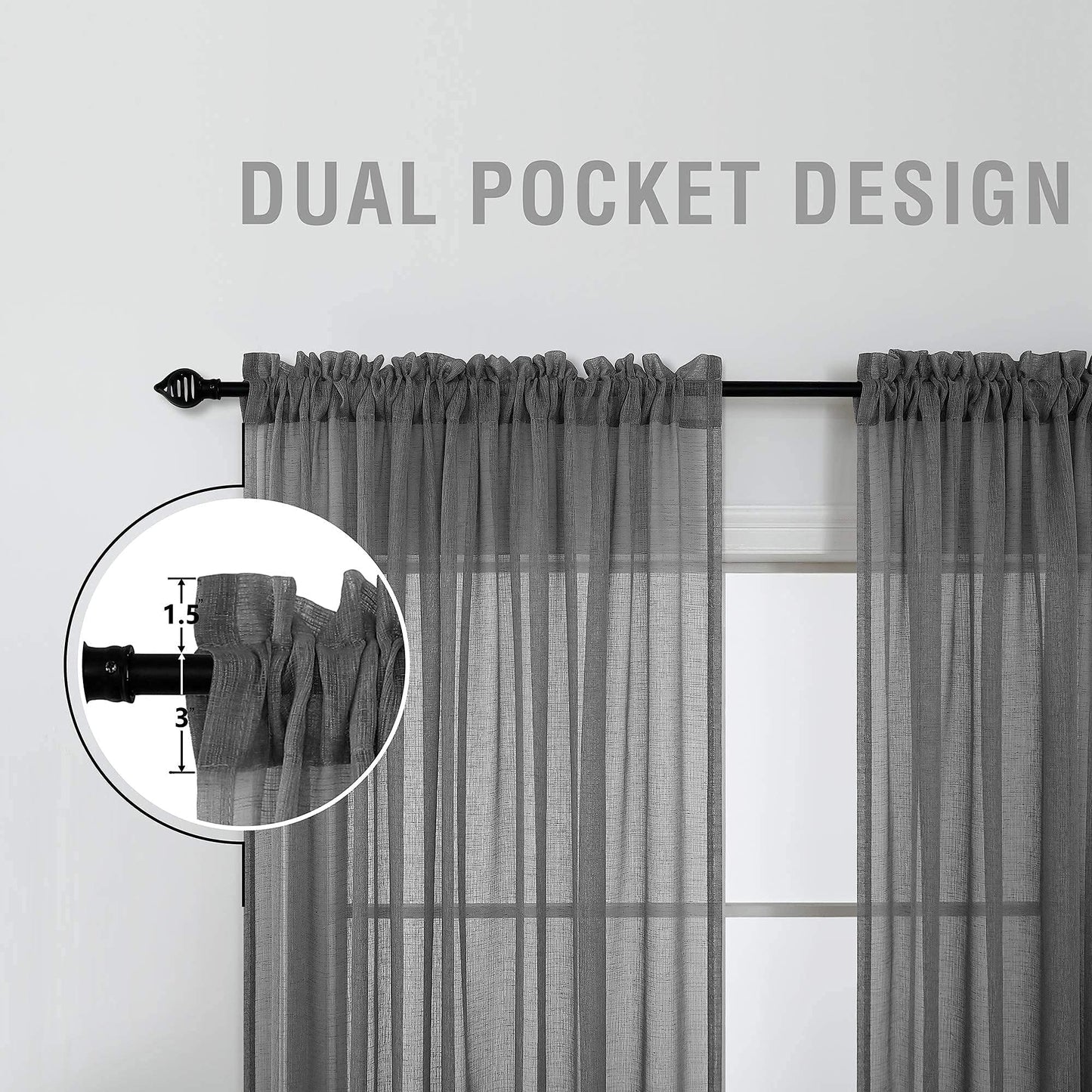 Dark Gray Curtains 108 Inches Long for Living Room Set of 2 Rod Pocket Elegant Faux Linen Textured Drapes Semi Sheer Light Filtering Curtains for Large Windows Patio 52x108 Inch Length Charcoal Grey