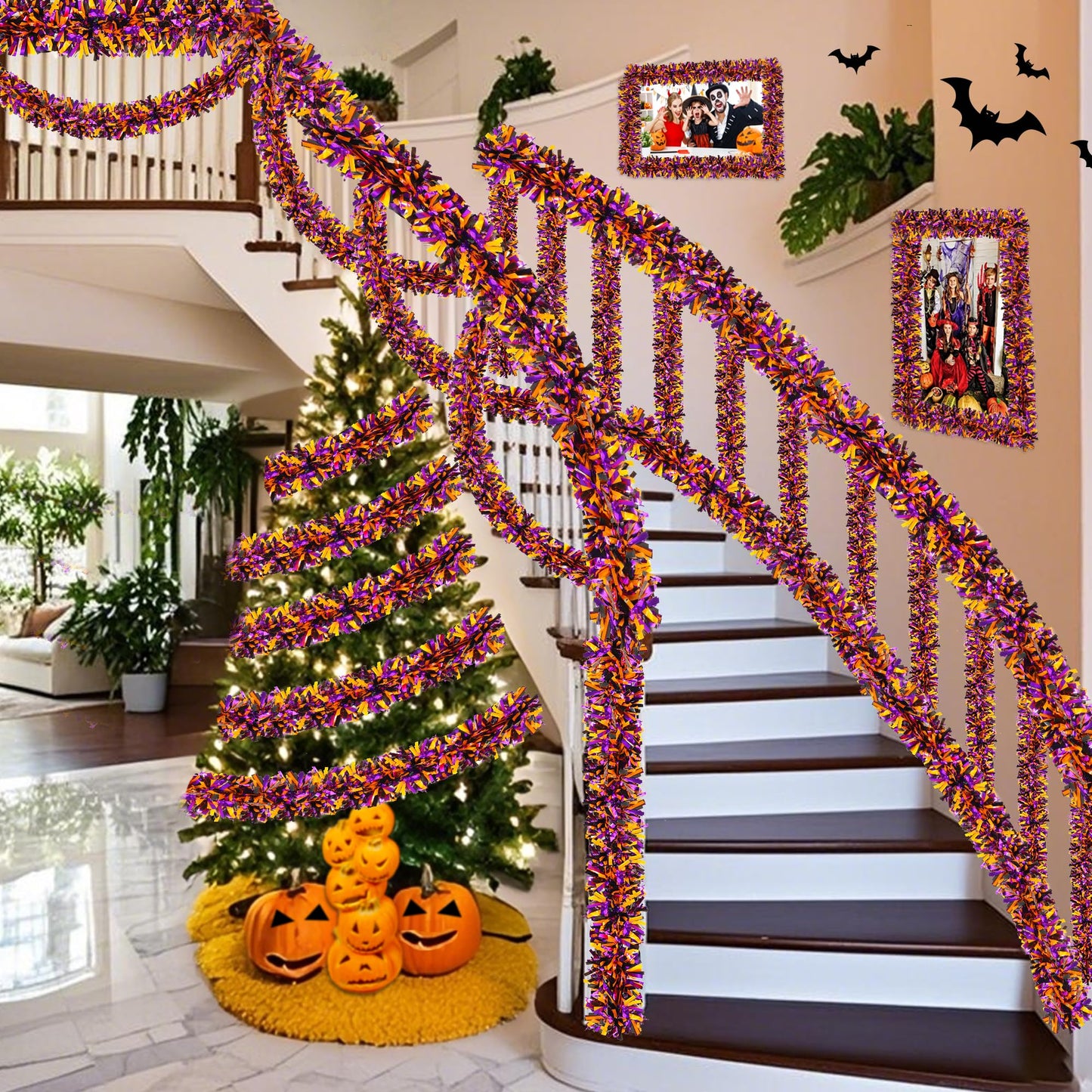 Lairyan 50FT Halloween Tinsel Garland Decorations, Shiny Orange Black Purple Metallic Twist Hanging Garland for Home Tree Stairs Indoor Outdoor Halloween Party Decorations