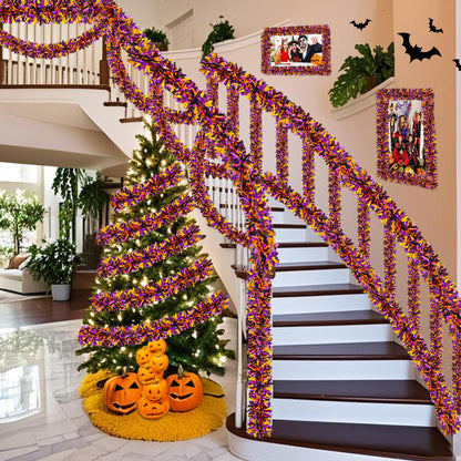 Lairyan 50FT Halloween Tinsel Garland Decorations, Shiny Orange Black Purple Metallic Twist Hanging Garland for Home Tree Stairs Indoor Outdoor Halloween Party Decorations