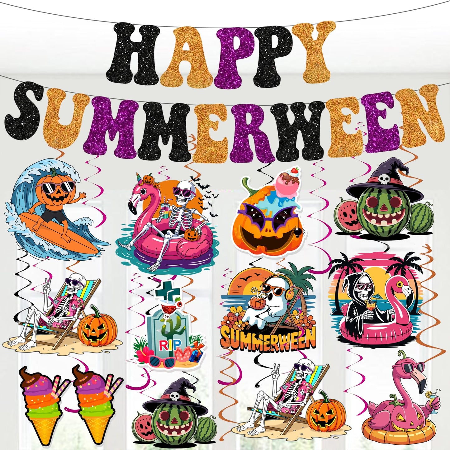 Happy Summerween Banner with Hanging Swirls Summer Halloween Party Decorations, Hawaii Halloween Tropical Summerween Ceiling Swirls Banner Party Decorations