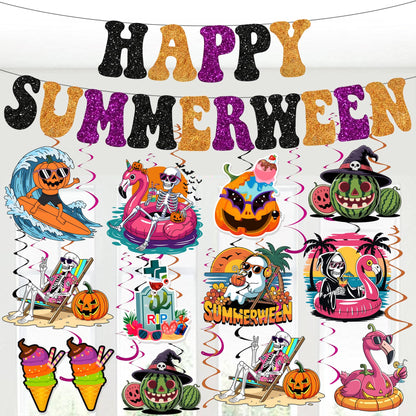 Happy Summerween Banner with Hanging Swirls Summer Halloween Party Decorations, Hawaii Halloween Tropical Summerween Ceiling Swirls Banner Party Decorations