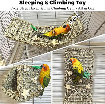Seagrass Handwoven Bird Bed for Cage, DIY Parakeet Nest & Climbing Ladder, Breathable Bird Hammock Tent with Chewable Toys, Cozy Parrot Sleeping Hut for Small Medium Birds Like budgies Lovebirds