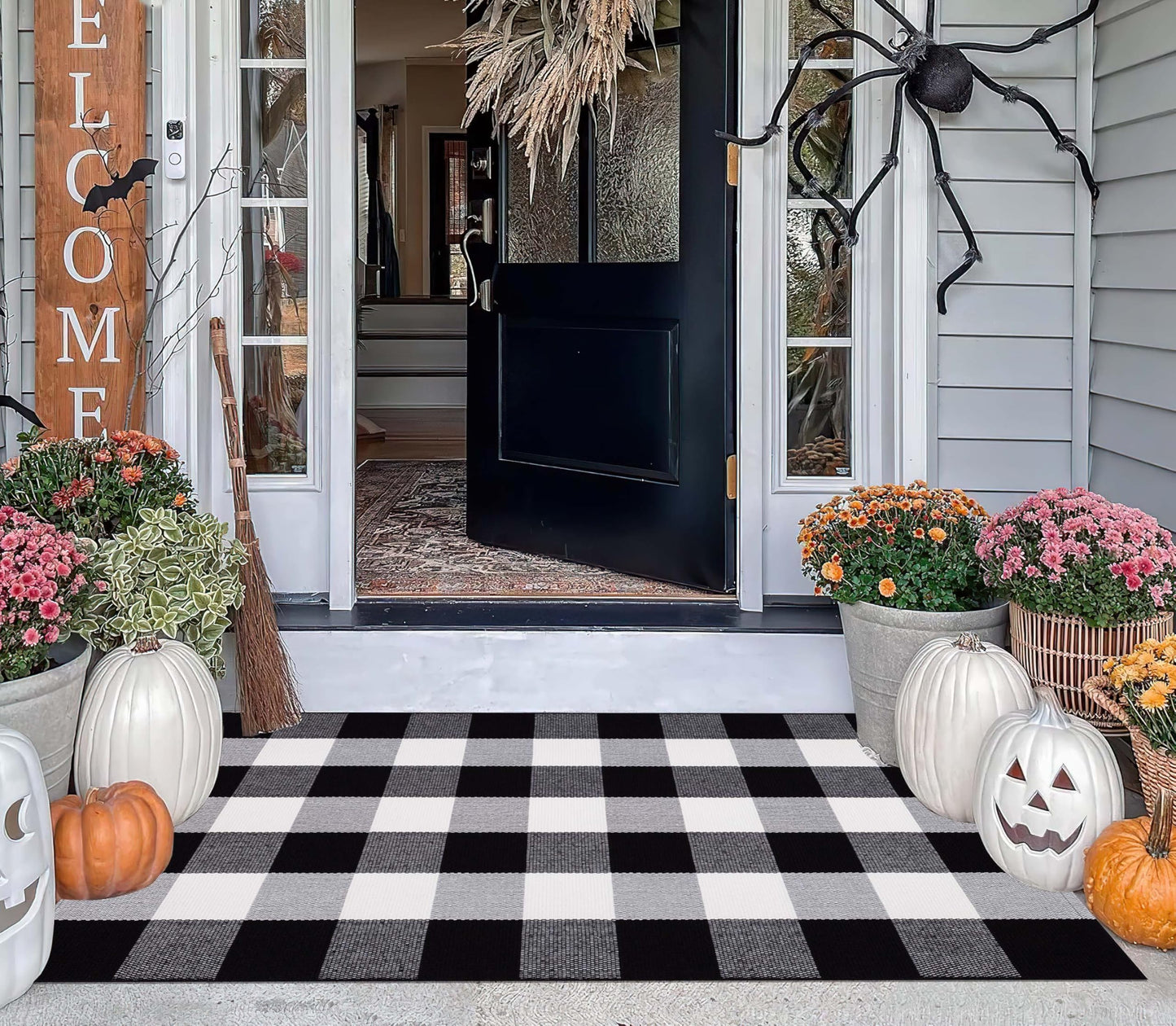 Buffalo Plaid Outdoor Rug 27.5''x 43.3''Black and White Checkered Rug Cotton Machine Washable Farmhouse Mat for Outdoor, Kitchen, Farmhouse, Entryway,Bathroom
