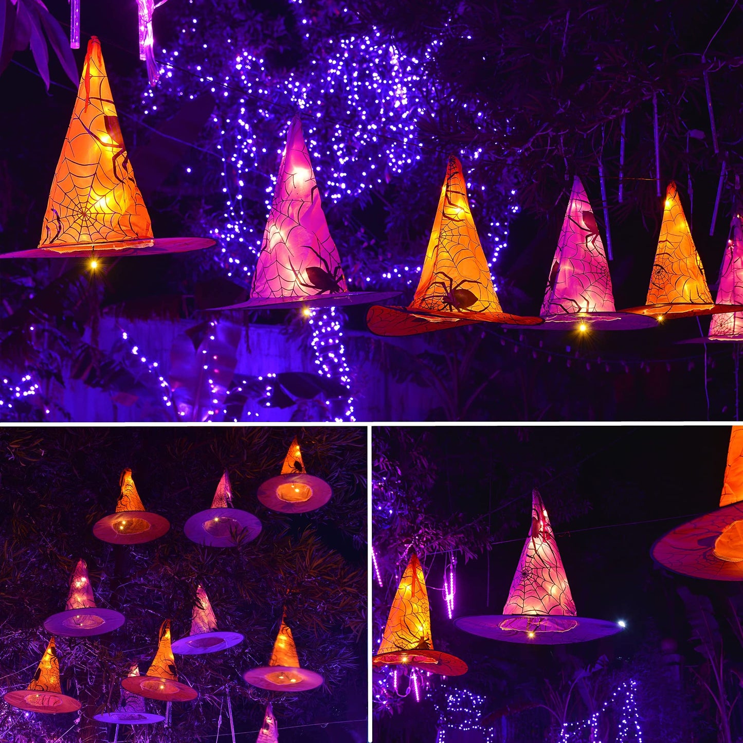 WATERGLIDE Halloween Decorations 8 Pcs Lighted Hanging Witch Hats, with 8 Modes Light Up 16 FT Halloween String Lights, for Indoor Outdoor Yard, Lawn, Graveyard Scenes Party
