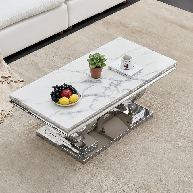 3 Piece Living Room Table Set Include 1 Faux Marble Coffee Table & 2 End Tables, Modern White Silver Coffee Table Set of 3 with Double O Shape Stainless Steel Pedestal Base