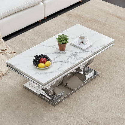 3 Piece Living Room Table Set Include 1 Faux Marble Coffee Table & 2 End Tables, Modern White Silver Coffee Table Set of 3 with Double O Shape Stainless Steel Pedestal Base
