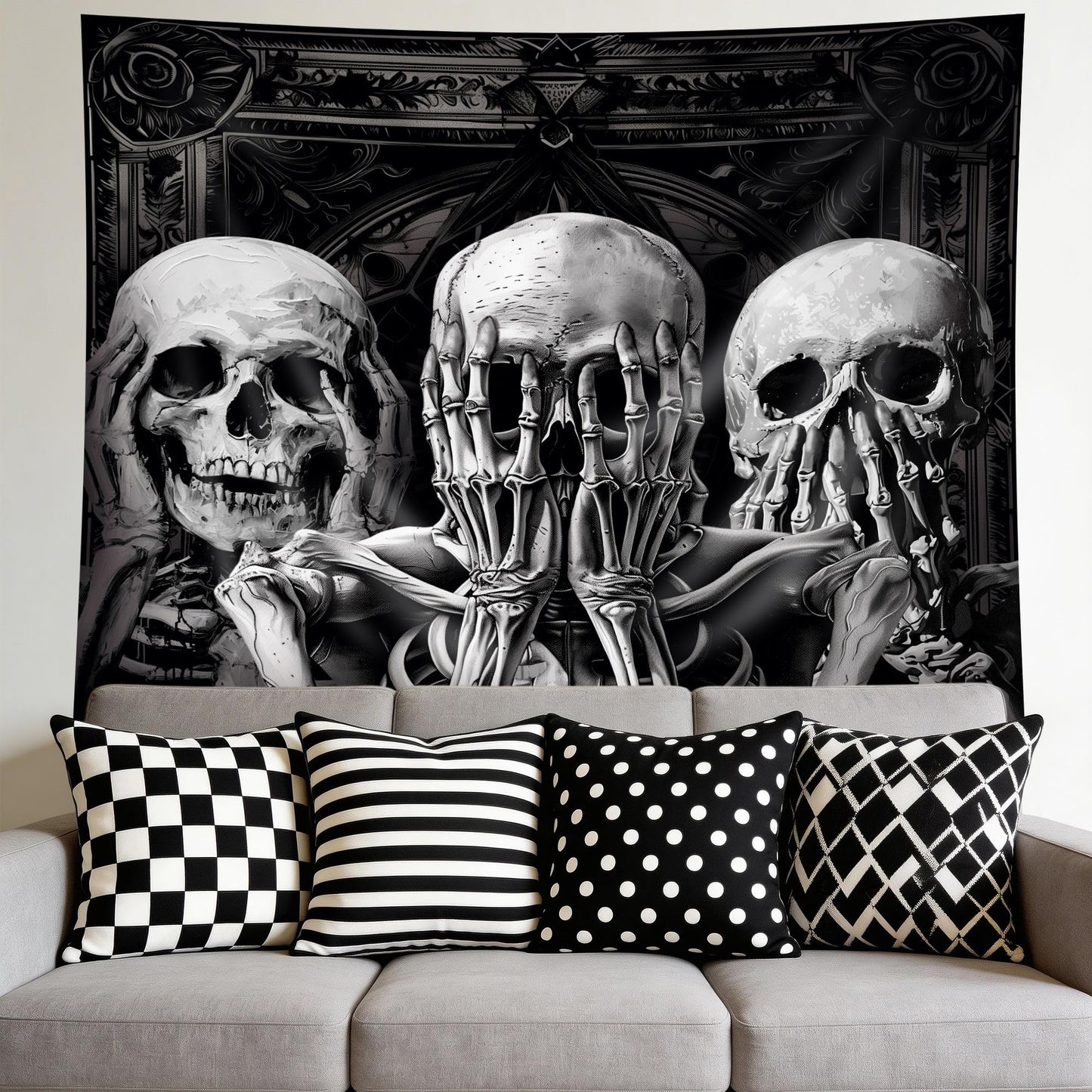 Mitpok Gothic Skull Tapestry Large Spooky Black Skeleton Goth Witchy Vinatge Funny Hilarious Cool Unique Wall Decor 71Hx91W Inch Halloween Wall Art Hanging Bedroom Living Room Dorm Wall Home Decor