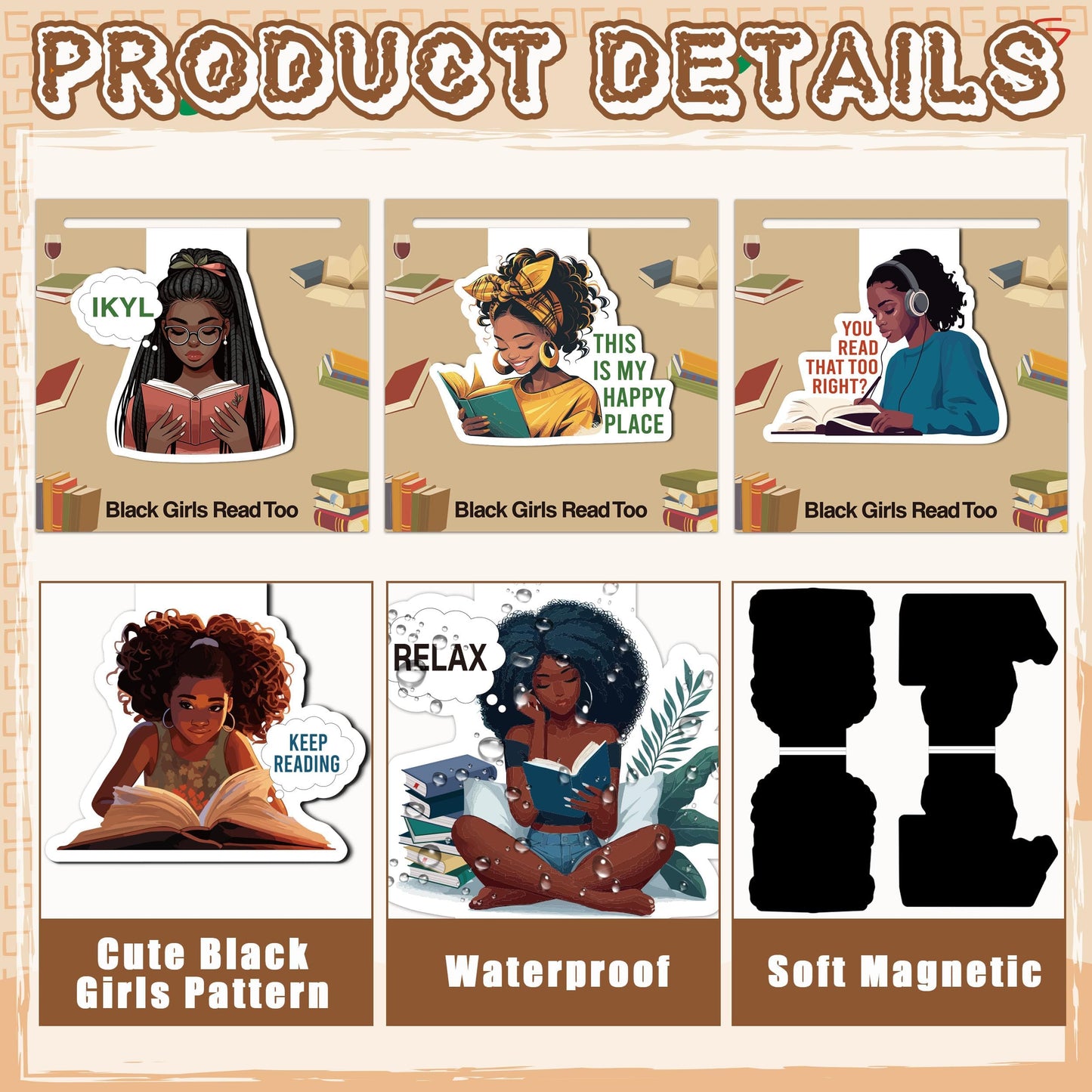 Laffact Reading Bookmarks for Black Girls Women - 9Pcs Black Girls Read Too Magnetic Book Tracker Bulk, Double-Sided Keep Reading Magnets Page Clips for Book Lovers Teachers Bookish Birthday Gift