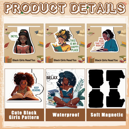 Laffact Reading Bookmarks for Black Girls Women - 9Pcs Black Girls Read Too Magnetic Book Tracker Bulk, Double-Sided Keep Reading Magnets Page Clips for Book Lovers Teachers Bookish Birthday Gift
