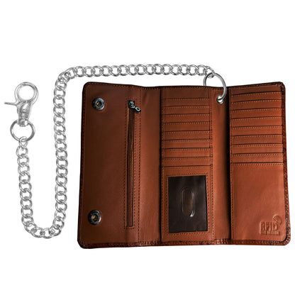 IBRO Motorcycle Chain Wallet for Men – Premium Cowhide Leather, RFID Tri-Fold Biker Wallet with Heavy Duty Chain for Bikers Truckers & Hunters, Credit Card Money Organizer Long Wallet Crocodile Brown