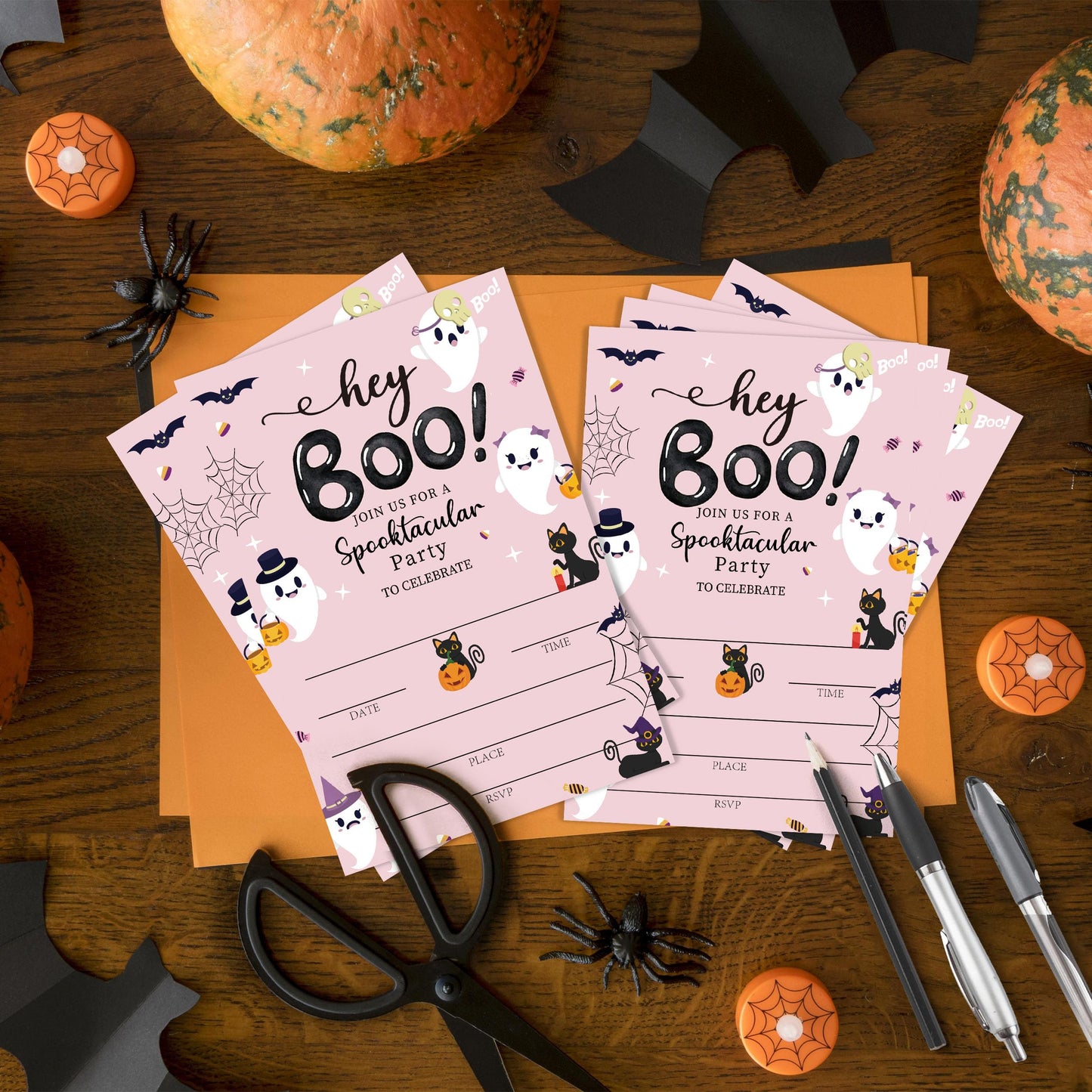 SIXEIGHT Pink Hey Boo Halloween Party Invitations, Cute Ghost Cat Halloween Invitations for Boys Girls, 25 Pack Pink Invite Cards with Envelopes, Wedding Birthday Baby Shower Party Decorations-E05