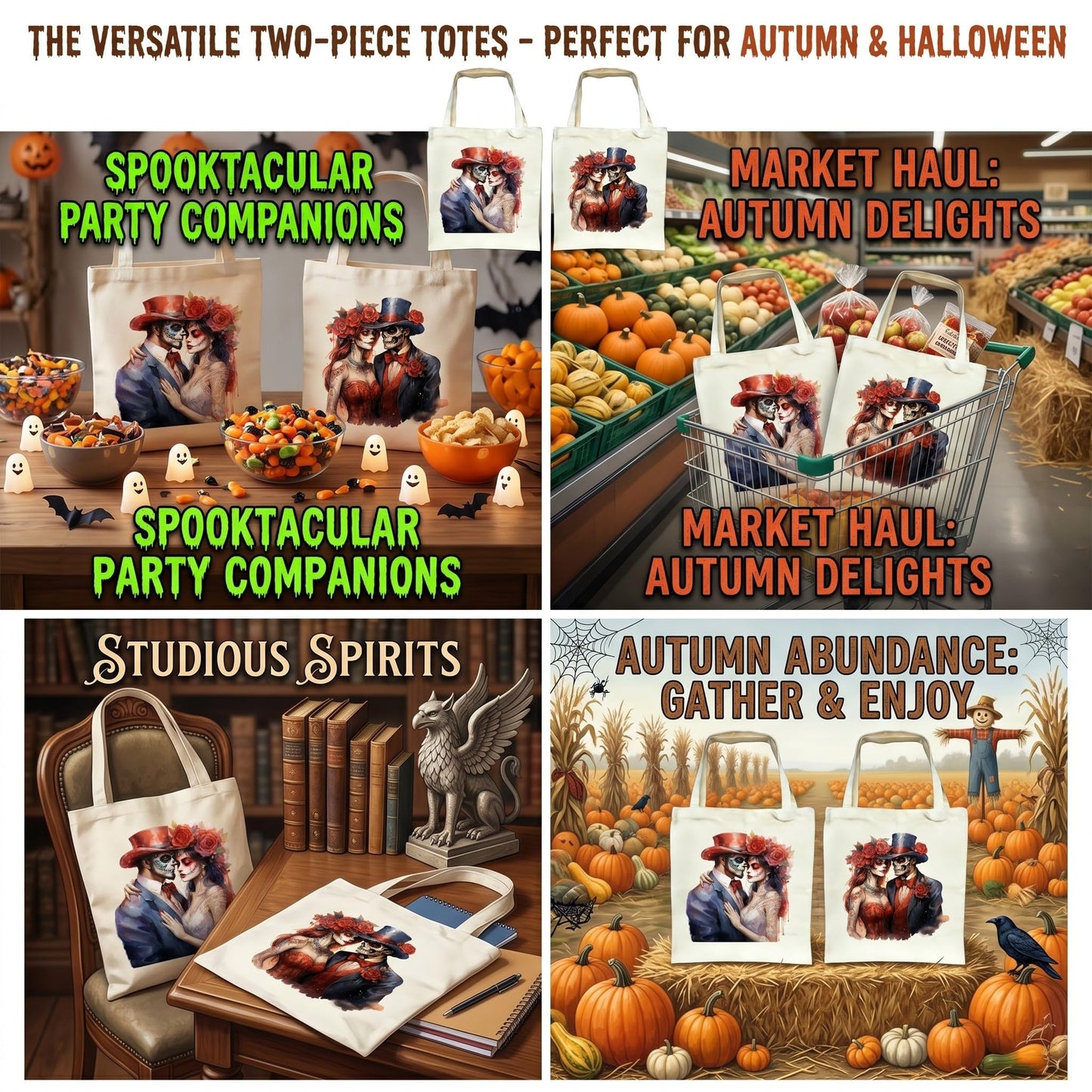 Fall Halloween Tote Bags 2Pcs, Cotton Blend Canvas Tote with Pumpkin Ghost Witch Prints, Reusable Shoulder Bags for Thanksgiving Party Trick or Treat Gift (ghostly lovers)