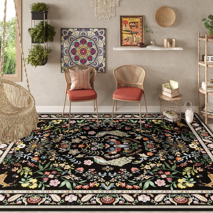 Living Room Rug 5x7 Rug Machine Washable Area Rug Floral Non-Slip Low Pile Large Rugs for Living Room, Bedroom, Farmhouse, Dining Room, Kids Playroom (Vibrant Black)