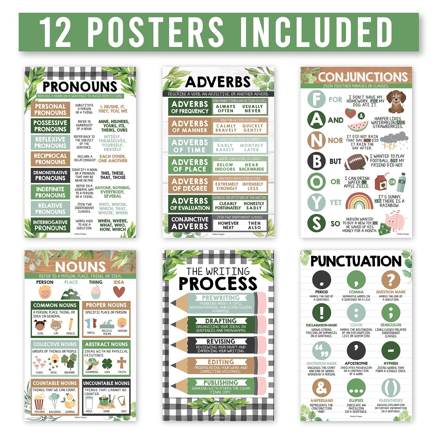 Parts of Speech Posters for Classroom Must Haves - 12 Grammar Posters, Writing Process for Homeschool, Elementary & Middle School, ELA 3rd 4th & 5th Grade Teacher Must Haves, Farmhouse Classroom Decor
