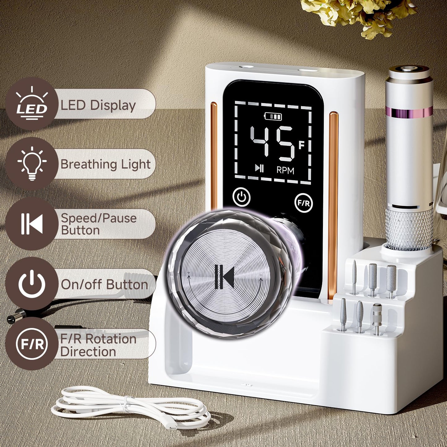 Nail Drill, Portable Electric Nail File 45000RPM, Rechargeable Nail Drill Professional with Bits & Base, for Acrylic Gel Nails, E-File Machine, Manicure Polishing, for Salon Home, White