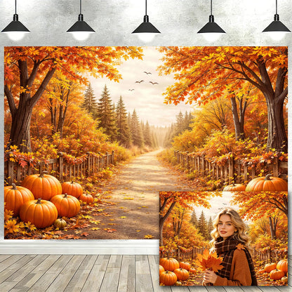 Bondjos Fall Photography Backdrop, Fall Pumpkin Rustic Country Road Maple Leaf Forest Photo Backdrop,Vibrant Photoshoot Backdrop, Photo Booth Background for Autumn Thanksgiving Halloween Party Decor