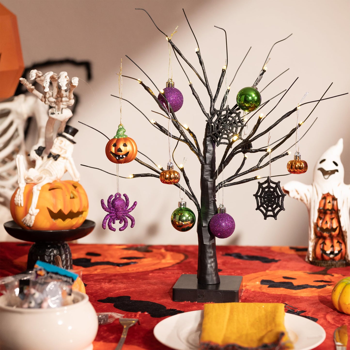 Valery Madelyn 16Inch Halloween Black Tree with 12ct Shatterproof Ornaments, Halloween Tabletop with Hanging Tree Decorations Ball Pumpkins Spider Bat Jack O Lantern(24 Orange LEDs)