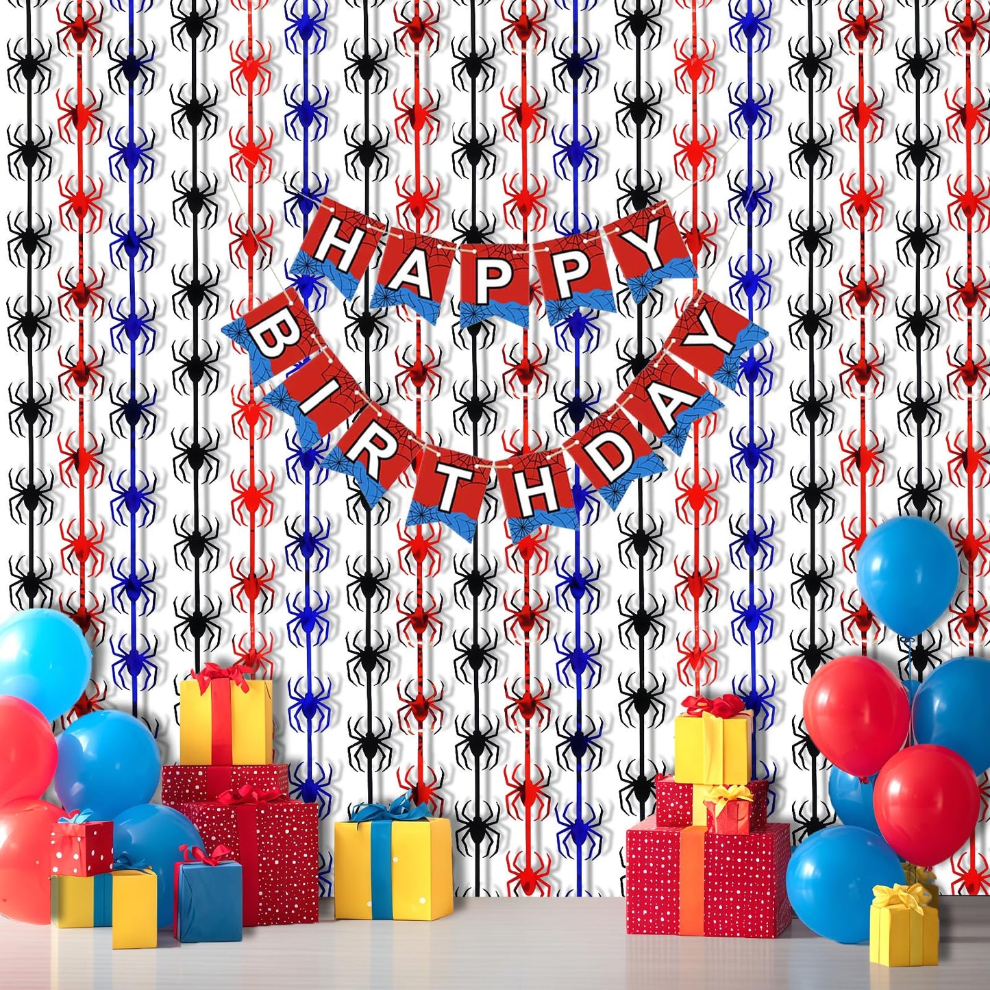 OQOQ Spider Birthday Decorations, 1 Set Banner & 2 Pcs Red Black Blue Spider Tinsel Foil Fringe Curtains Backdrops (3.3x6.6 ft), Large Birthday Photo Booth Props Indoor Party Boy Room Decor