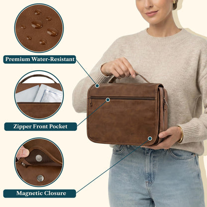 PAVILIA Hanging Toiletry Bag Women Men, Foldable Cosmetic Organizer Travel Bag, Water Resistant Makeup Bag Toiletries, Large Travel Essentials Kit (Dark Brown)