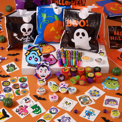 JOYIN 168 Pcs 24 Pack Assorted Halloween Art and Craft Stationery Kids Gift Set Trick or Treat Party Favor Toy Including Halloween Bag, Notepads, Stamps, Pencils, Stickers and Temporary Tattoos
