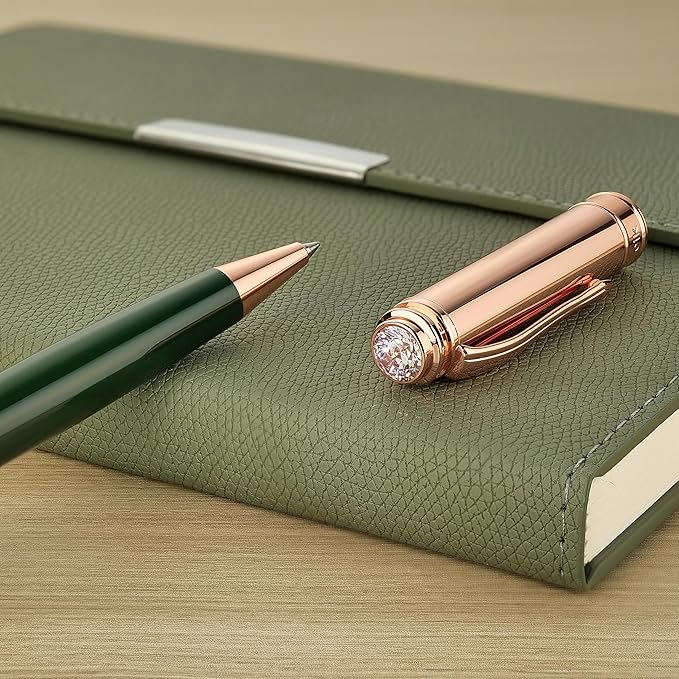 Luxury Gel Pen, Top Set With 8mm Brilliant Diamond,Dark Green Pen Body,Attractive Rose Real Gold Finish, Black Refill,Elegant Gift Pen For Women, Executive, Fancy, Graduation, Nice Pens