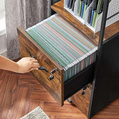 VASAGLE File Cabinet for Home Office, 2-Drawer Filing Cabinet with Lock, Open Shelf, Printer Stand, for A4 and Letter Sized Files, Adjustable Feet, Industrial, Rustic Brown and Ink Black UOFC045B01