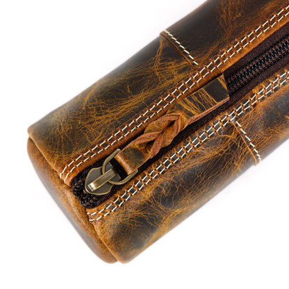 LEATHER TOWN Leather Pencil Case - Full Grain Leather Zippered Pen Pouch - Bag Pen Holder for Work & Office (Antique Brown)