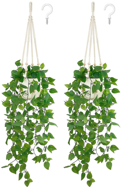 Mkono sSet of 4, 2 Packs Artificial Ivy Macrame Hanging Shelves with Lights, and 2 Packs Fake Hanging Plant with Pot