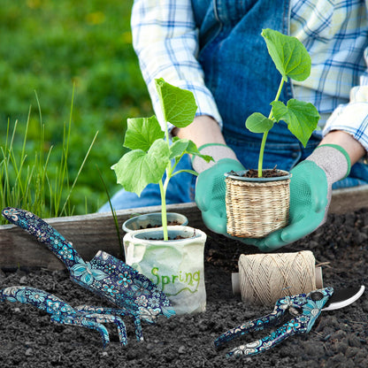 WORKPRO Aluminum Garden Tool Set, 4PCS Heavy Duty Hand Garden Tools with Box Include Trowel, Rake, Pruner, Garden Gloves, Blue Floral, Garden Gifts