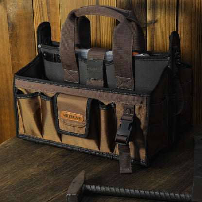 WELKINLAND 20-Pockets Tool Tote Bag, 16" Electrician Tool Bag, Open-Top Tool Bag, Stay-Up HVAC Tools Bag, Brown Tech Tools Bags, HVAC Bag, Tool Tote Bag With Handle
