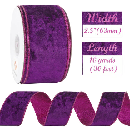 HUIHUANG Purple Velvet Wired Ribbon 2.5 inch Wired Velvet Ribbon with Purple Glitter for Gift Wrapping, Christmas Tree Decoration, Bows, Wreaths, Garlands, Halloween Decor - 10 Yards