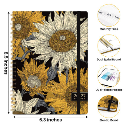 Academic Planner 2026-2027, Monthly and Weekly Calendar Planner, July 2026 - June 2027, Pretty Hardcover Teacher Student Planning Agenda Book with Tabs, Fit for School Office Supplies, 6.3" x 8.5", Nocturne Sunflowers
