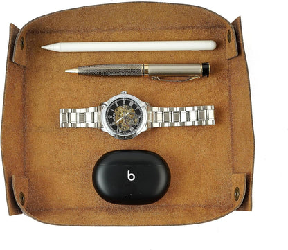 PavinCrafter Leather Valet Tray for Men & Women – Handmade Catchall Organizer for Keys, Wallet, Coins, Jewelry, Watch | Premium Full-Grain Leather EDC Tray with Brass Rivets for Desk (Brown)