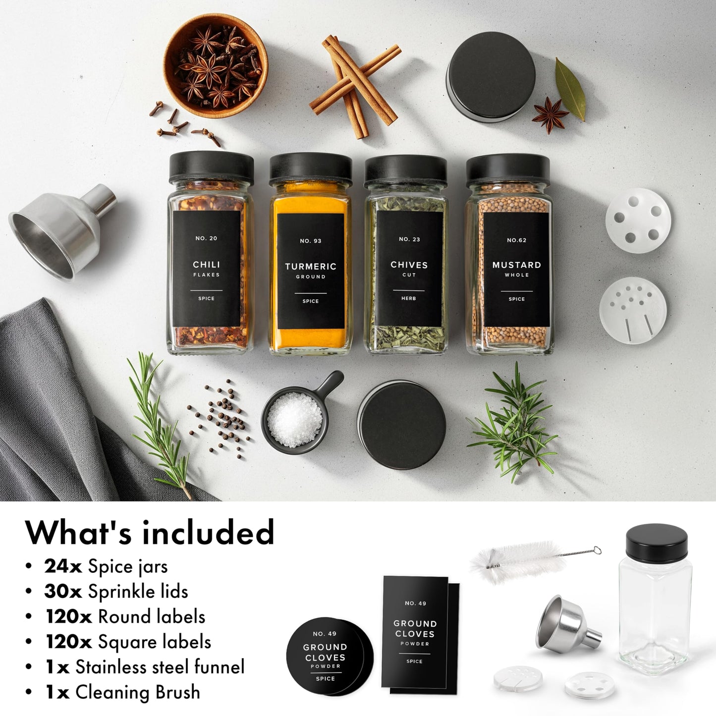 EDELHAUS Glass Spice Jars with Label and Black Lids (24 x 4oz) Spice Containers with 240 Labels, Shaker Inserts, Steel Funnel, Empty Square Seasoning Organizer for Spice Rack, Cabinet, Drawer