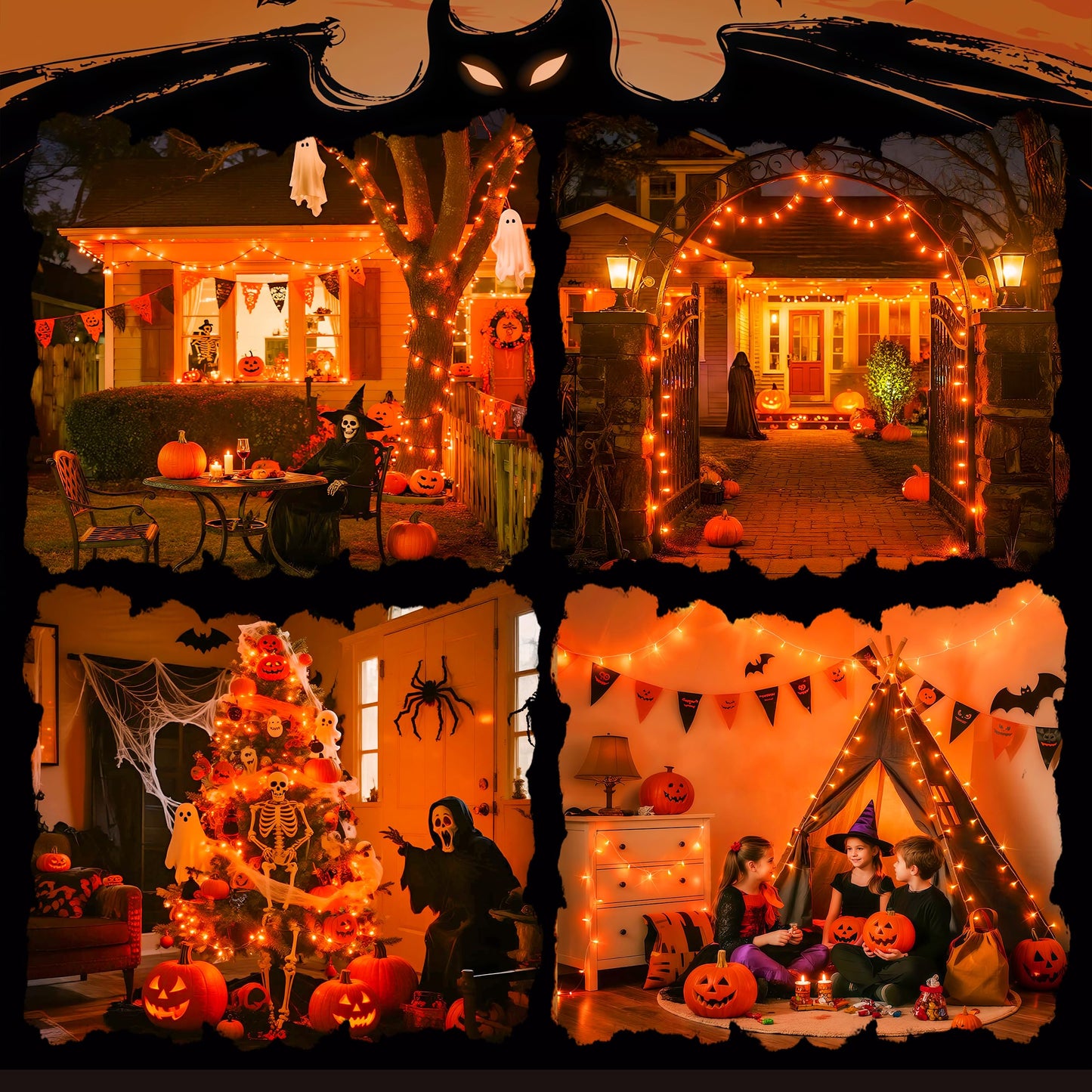 JMEXSUSS 4 Pack 50 LED Battery Operated String Lights Orange, Each 16.5ft Halloween String Lights with Timer, 8 Modes Orange Halloween Light Indoor Outdoor for Garland Party Fall Decoration
