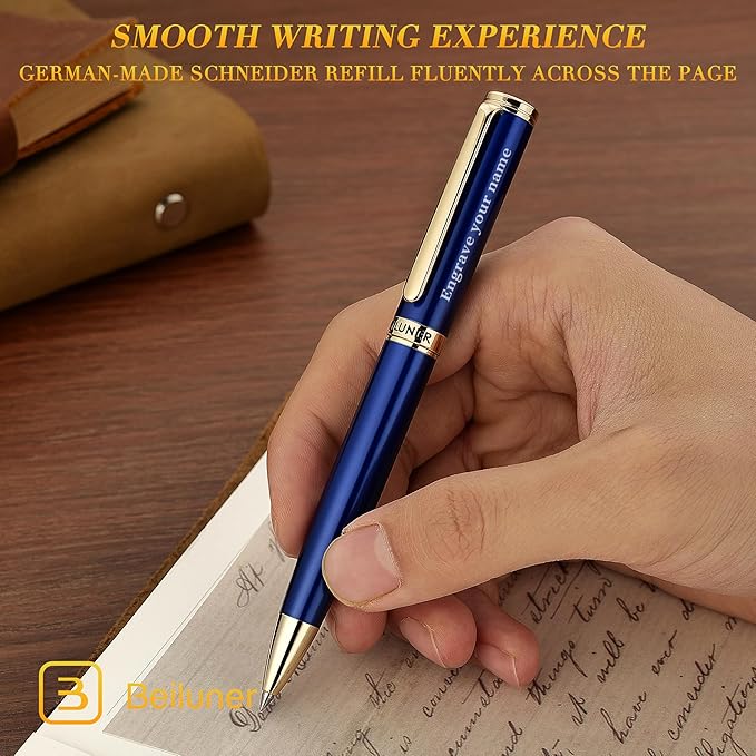BEILUNER Luxury Personalized Gel Pen with 24K Gold Finish, Blue Piano Lacquer, Luxury Grade Craftsmanship, Best Pen Gift Set for Men and Women, Professional, Executive, Office, Retractable Nice Pens