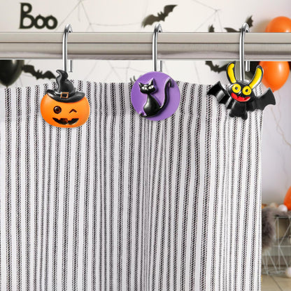 MALLMALL6 12Pcs Halloween Shower Curtain Hooks Hangers Horror Gothic Decorative Metal Rustproof Bathroom Pendants Decor Accessories with Pumpkins Bats Ghost Black Cat Witch Hat Shoes Curtains Rings