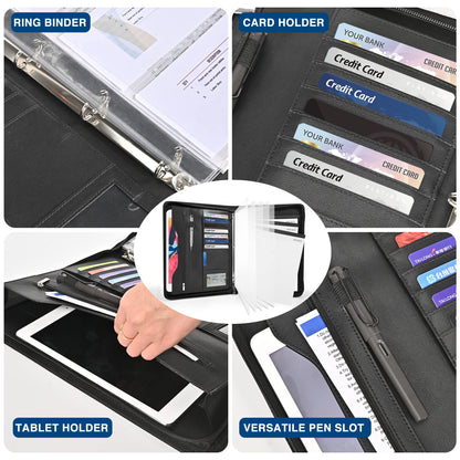 Sbrinnaliao 3-Ring Padfolio Portfolio Binder Organizer,PU Leather Folder Binder Business Planner Notebook Zippered Portfolio for Women/Men with Document Sleeve,Letter/A4 Size Clipboard