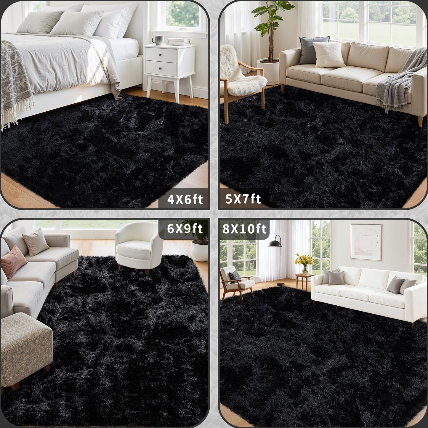 6x9 Area Rug for Living Room: Ultra Soft Fluffy Rug Modern Large Thicked Shag Rug for Bedroom Non Slip Indoor Fuzzy Carpets for Girls Kids Room Nursery Dorm Home Decor Black