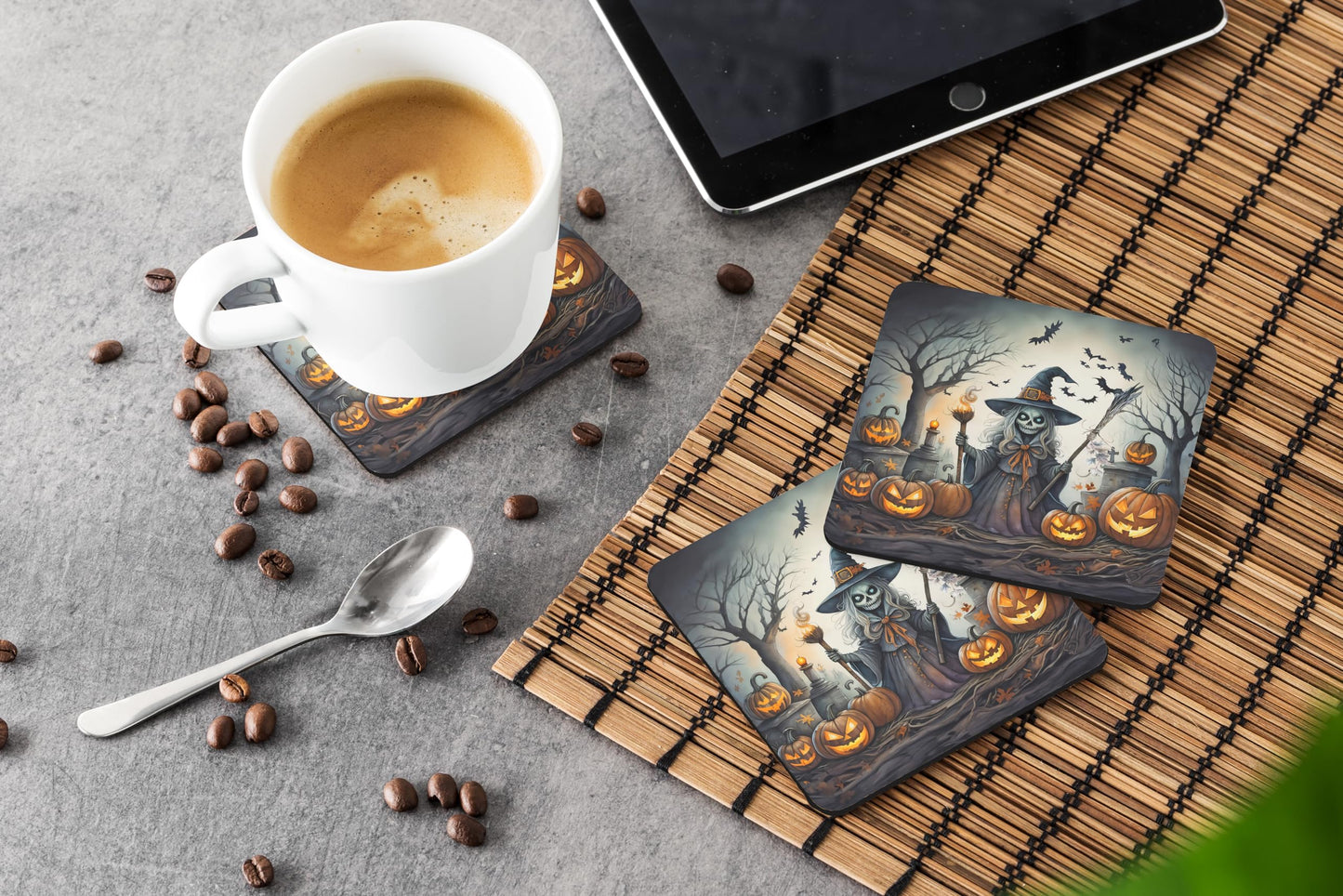 Caroline's Treasures Witch Spooky Halloween Foam Coaster Set of 4 Cup Coasters for Indoor and Outdoor, Coaster for Tabletop Protection, Anti Slip, Mouse pad Material